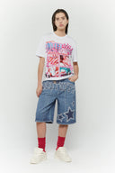 White t-shirt with shiny nail art graphic and beauty text