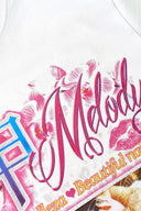 White t-shirt with shiny nail art graphic and beauty text