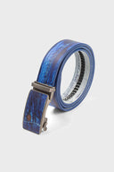 A printed PU leather belt with a slideable adjust and button release, featuring a denim emulated print.