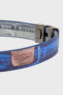 A printed PU leather belt with a slideable adjust and button release, featuring a denim emulated print.