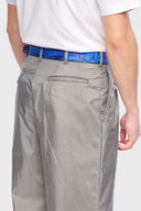 A printed PU leather belt with a slideable adjust and button release, featuring a denim emulated print.