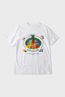White t-shirt with various colorful fruits graphic, Barcelona text, and scented print that smells like sweet banana
