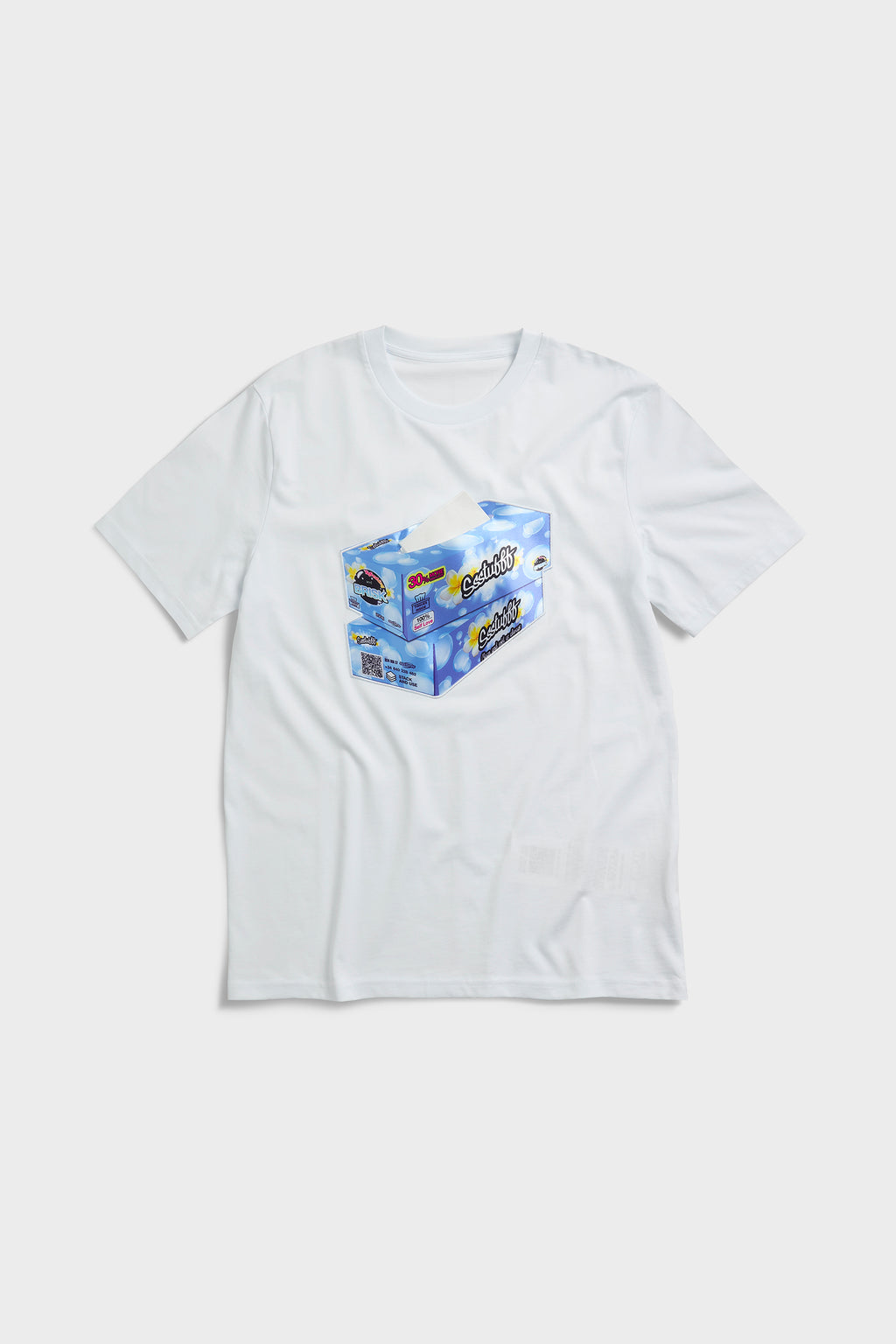 White or black t-shirt with embroidered tissue box patch on chest and functional tissue paper dispenser