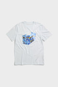 White or black t-shirt with embroidered tissue box patch on chest and functional tissue paper dispenser