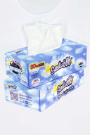 White or black t-shirt with embroidered tissue box patch on chest and functional tissue paper dispenser