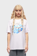 White or black t-shirt with embroidered tissue box patch on chest and functional tissue paper dispenser