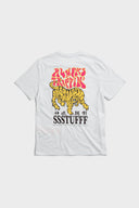 White t-shirt with UV reactive tiger graphic and 'Always Trippin' text that changes color in sunlight