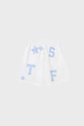 A pair of white shorts with blue striped stars and patchwork details.