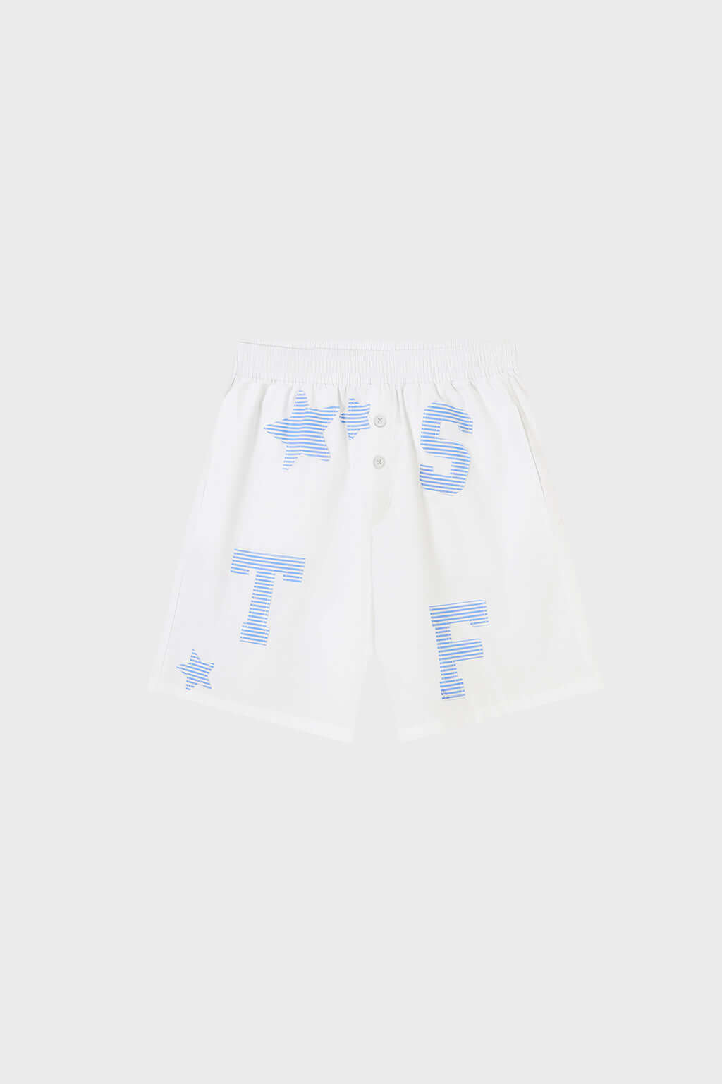 A pair of white shorts with blue striped stars and patchwork details.