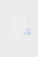 A pair of white shorts with blue striped stars and patchwork details.