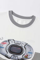 Two-tone white and grey t-shirt with 3D lenticular PVC portable stereo graphic on chest