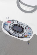 Two-tone white and grey t-shirt with 3D lenticular PVC portable stereo graphic on chest