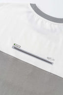 Two-tone white and grey t-shirt with 3D lenticular PVC portable stereo graphic on chest