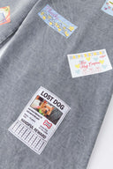 Oversized wide trousers with hand-sewn and applied vintage advertisement patches