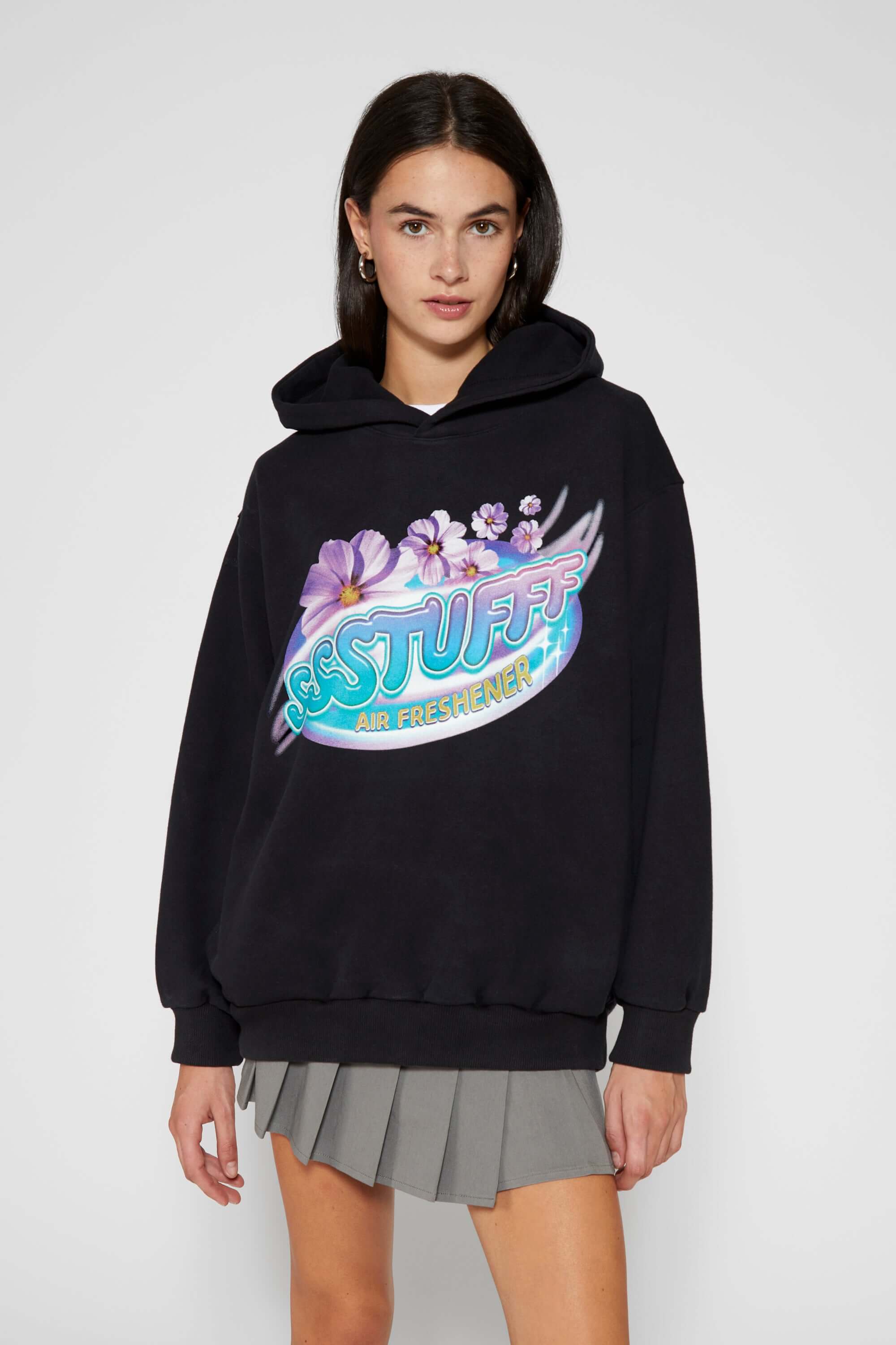 Black hoodie with retro car air freshener design and scratch-and-sniff lavender scent
