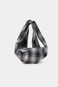 Black and white checked croissant-shaped mini bag with shirt texture and adjustable sleeve handles for shoulder or crossbody wear