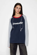 Two-tone raglan long sleeve t-shirt with headphone cable embroidery on chest