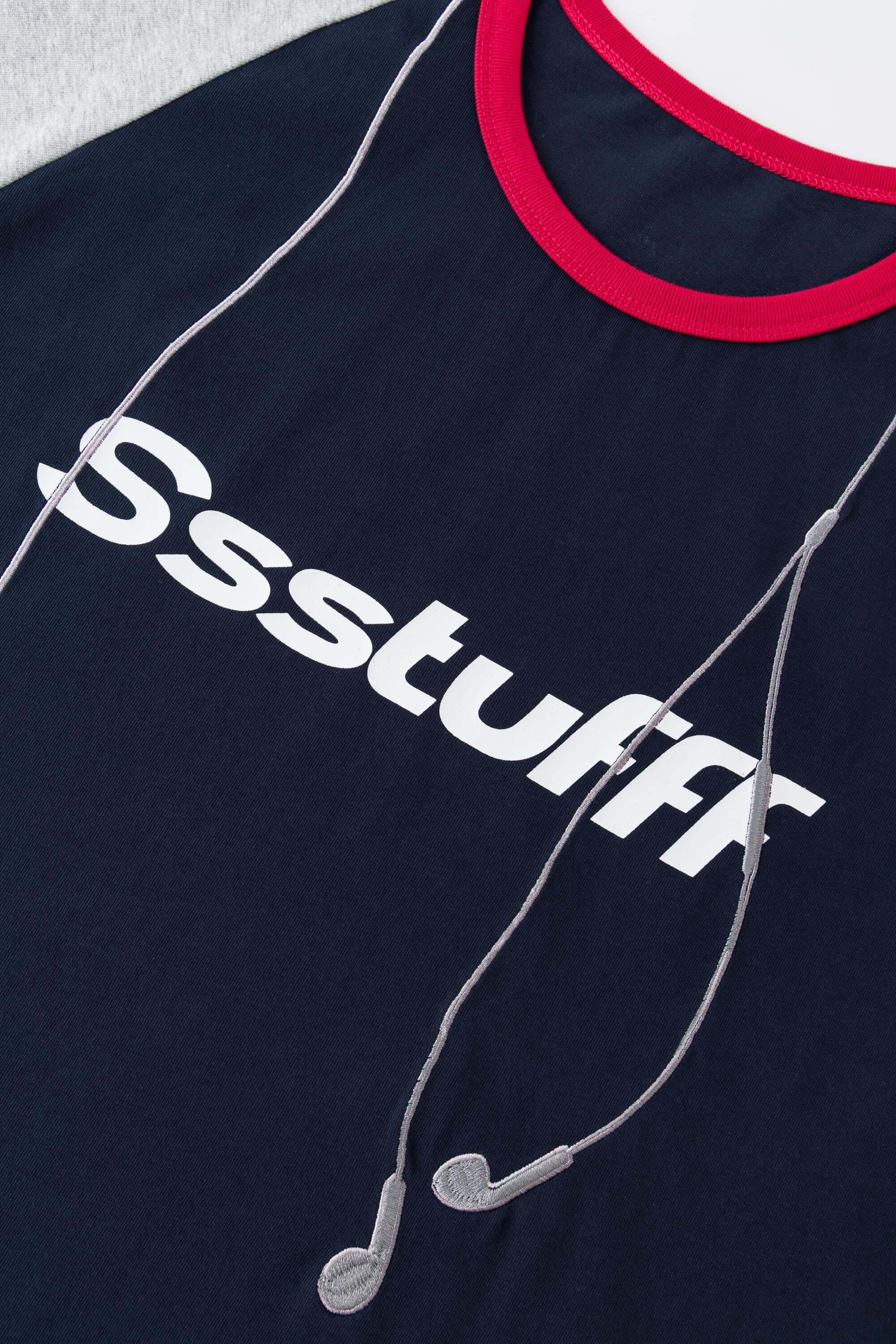 Two-tone raglan long sleeve t-shirt with headphone cable embroidery on chest