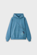 Blue hoodie with digital print of classic headphones and MP3 player extending from hood to front pocket