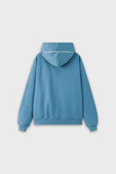 Blue hoodie with digital print of classic headphones and MP3 player extending from hood to front pocket