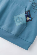 Blue hoodie with digital print of classic headphones and MP3 player extending from hood to front pocket