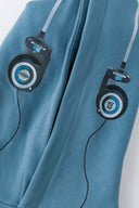 Blue hoodie with digital print of classic headphones and MP3 player extending from hood to front pocket