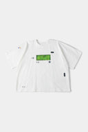 White oversized t-shirt with cyberpunk digital audio stereo interface print, TPU buttons, and holographic SSSTUFFF motif