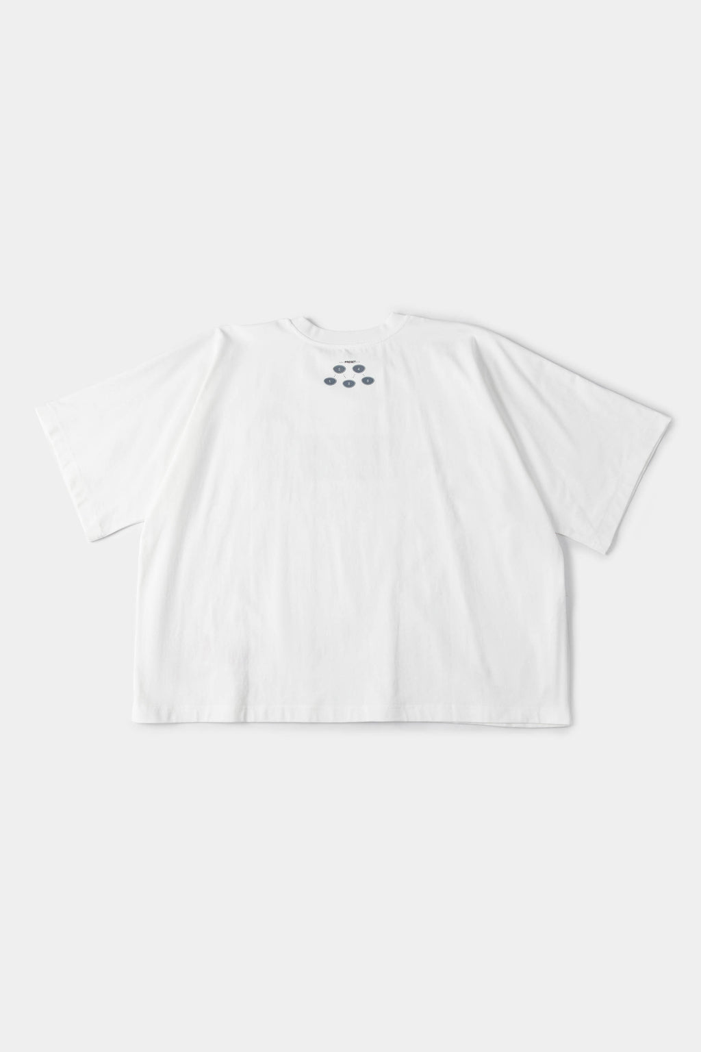 White oversized t-shirt with cyberpunk digital audio stereo interface print, TPU buttons, and holographic SSSTUFFF motif