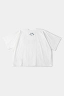 White oversized t-shirt with cyberpunk digital audio stereo interface print, TPU buttons, and holographic SSSTUFFF motif