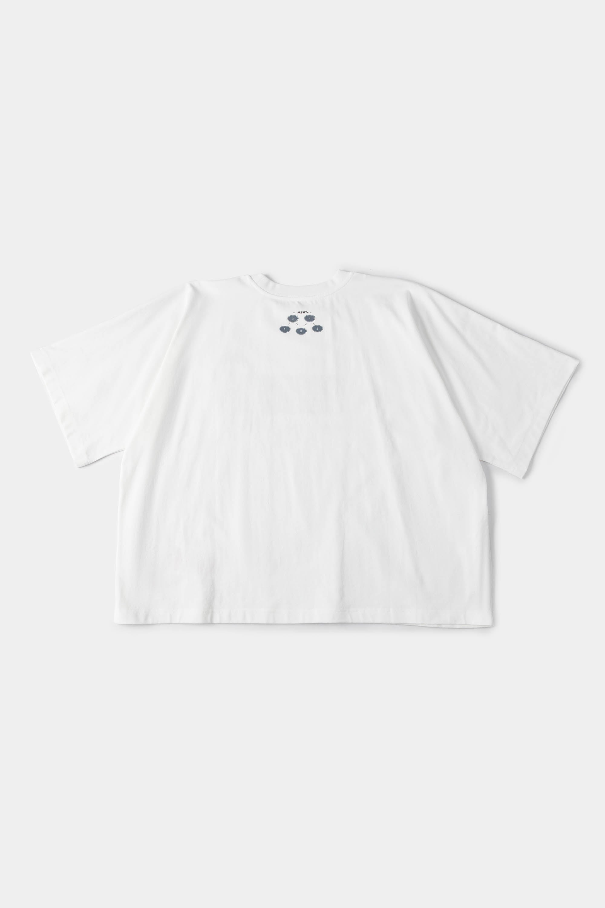 White oversized t-shirt with cyberpunk digital audio stereo interface print, TPU buttons, and holographic SSSTUFFF motif