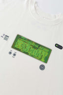 White oversized t-shirt with cyberpunk digital audio stereo interface print, TPU buttons, and holographic SSSTUFFF motif