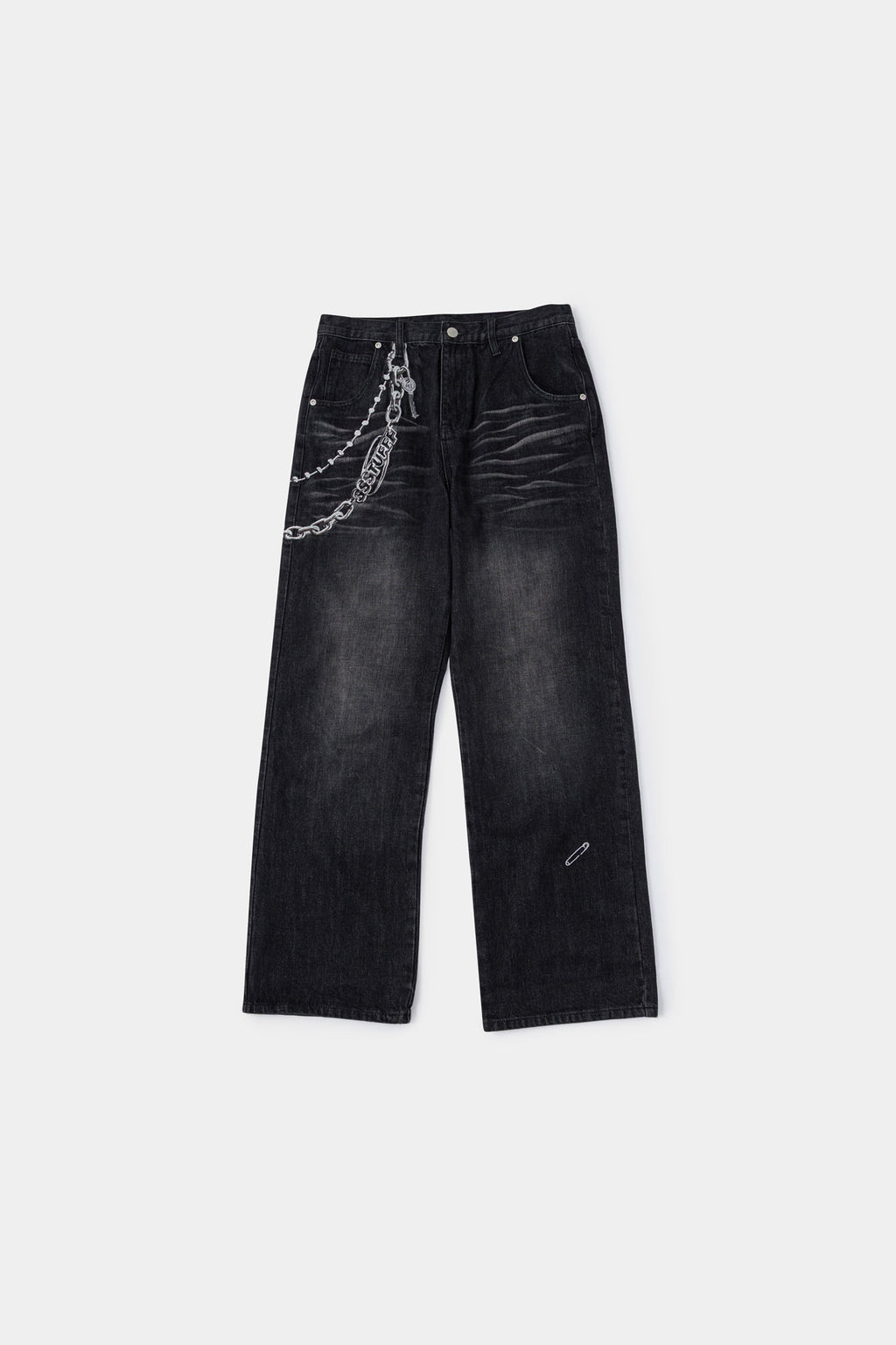 Black wash denim jeans with embroidered keychain, carabiner, and earphone charm details, and pin embroidery on ankle