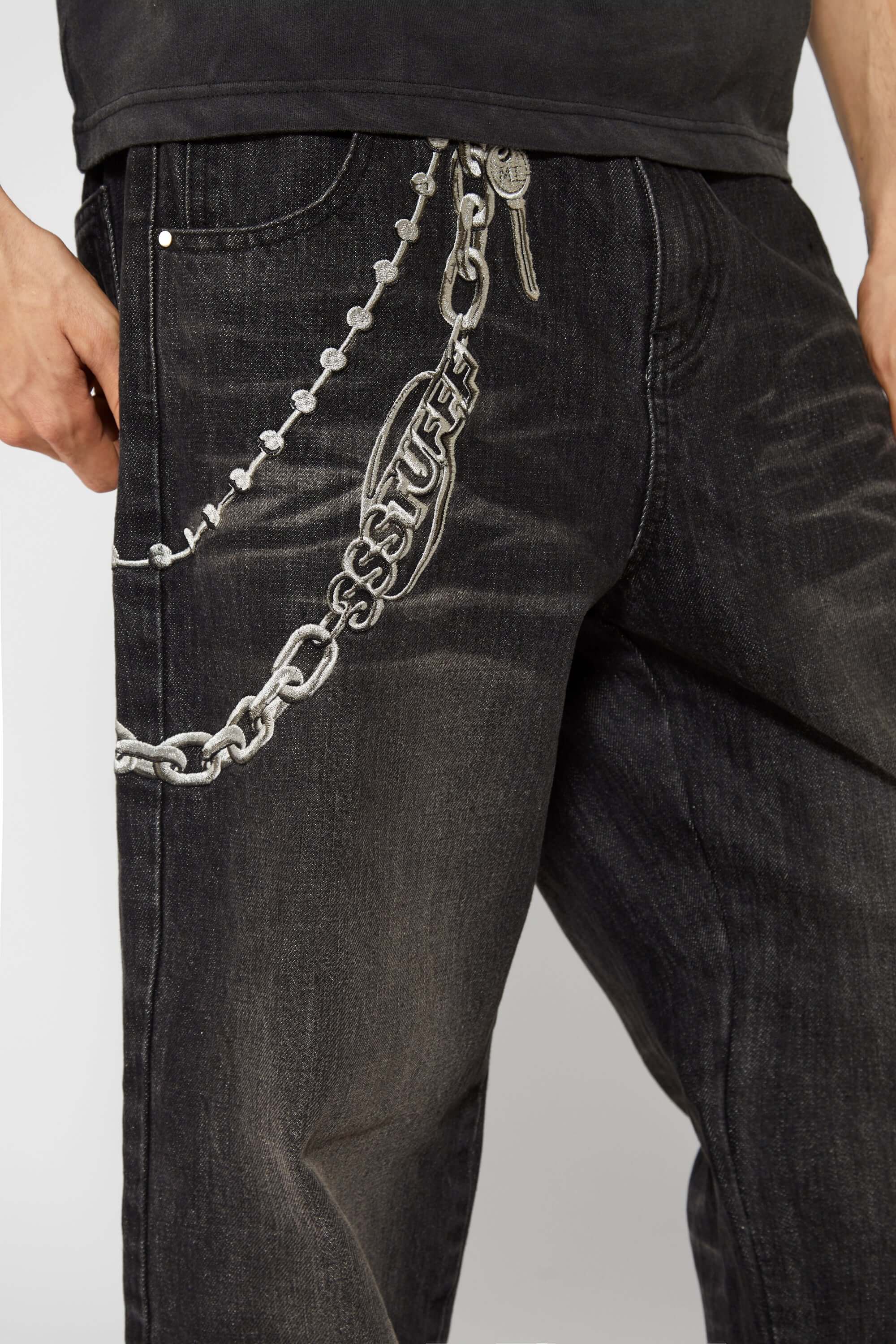 Embroidery Charm Denim | Black Wash Jeans with Keychain & Earphone