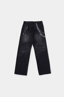 Black wash denim jeans with embroidered keychain, carabiner, and earphone charm details, and pin embroidery on ankle