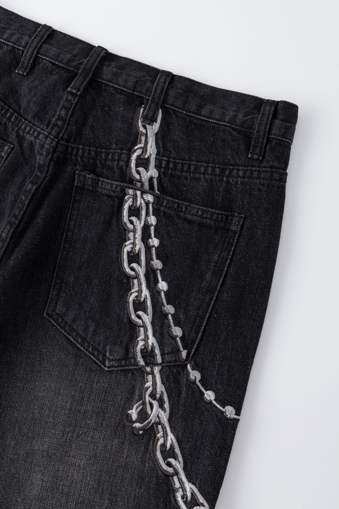 Embroidery Charm Denim | Black Wash Jeans with Keychain & Earphone