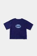 Navy t-shirt with check patchwork and puff-printed details that mimic stitching