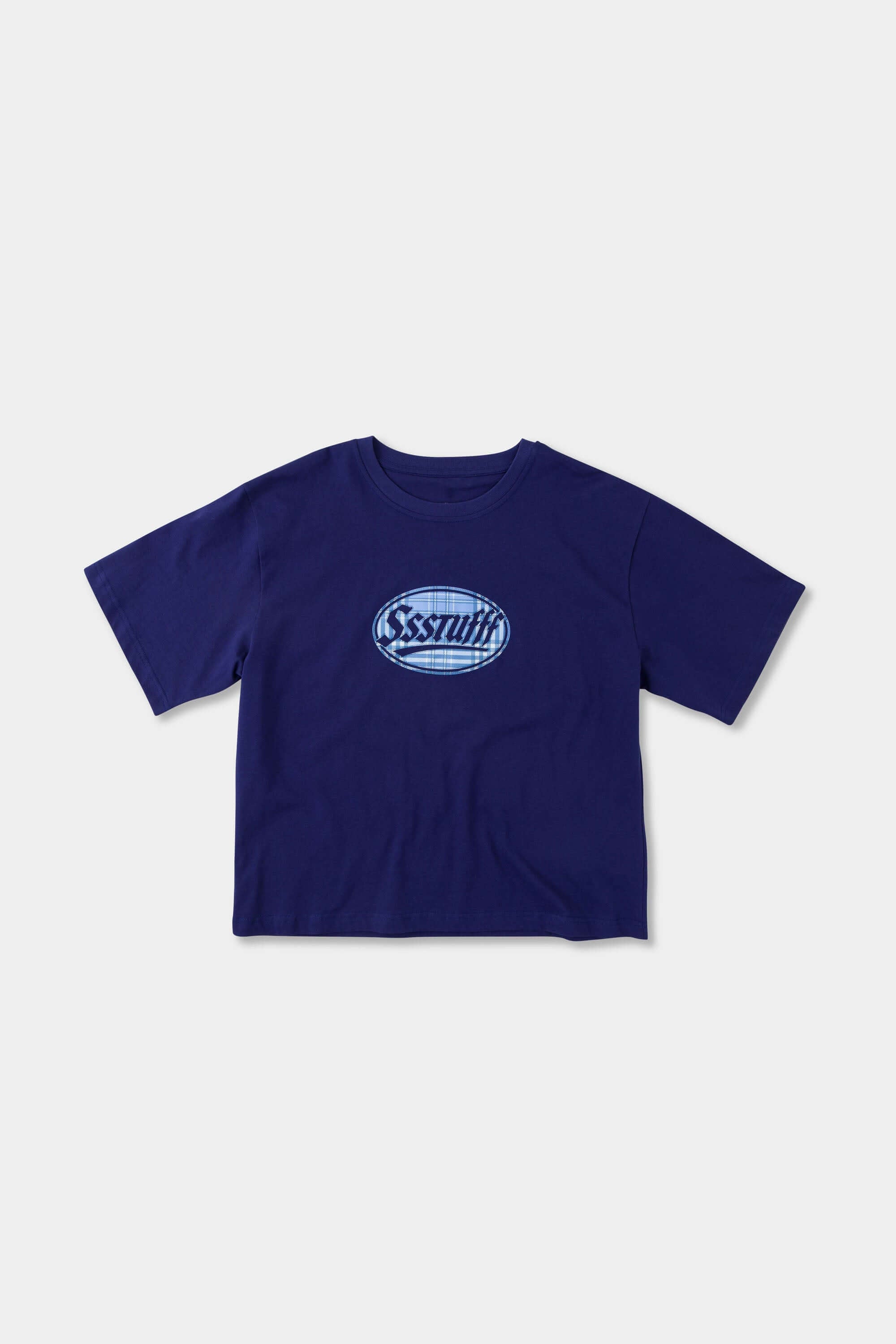 Navy t-shirt with check patchwork and puff-printed details that mimic stitching