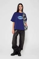 Navy t-shirt with check patchwork and puff-printed details that mimic stitching