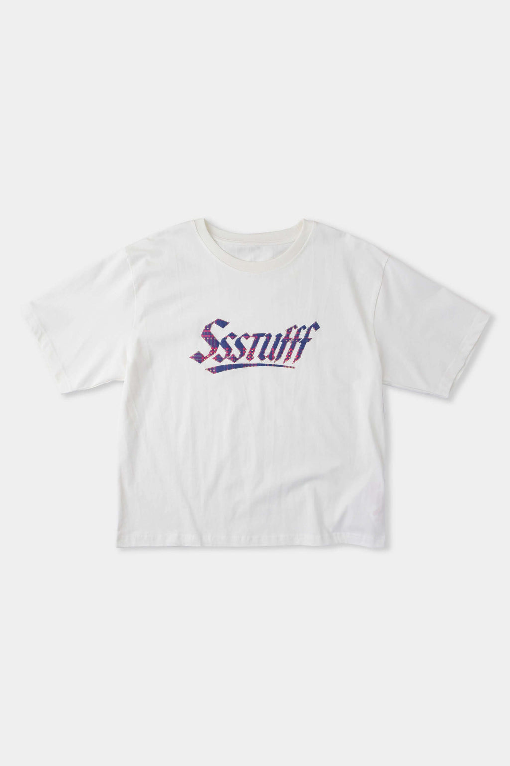 White t-shirt with check patchwork and puff-printed details that mimic stitching