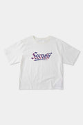 White t-shirt with check patchwork and puff-printed details that mimic stitching