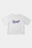 White t-shirt with check patchwork and puff-printed details that mimic stitching