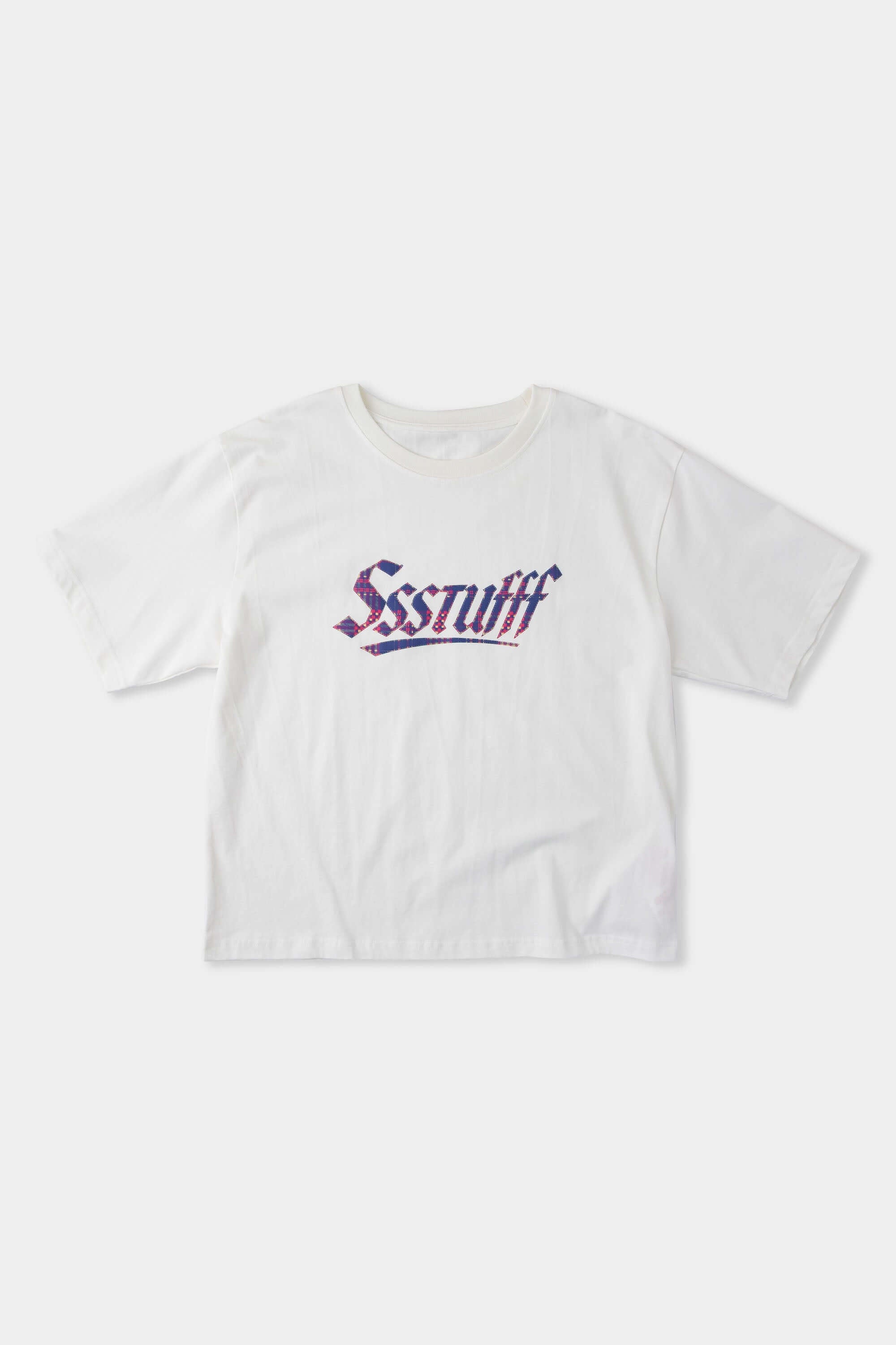 White t-shirt with check patchwork and puff-printed details that mimic stitching