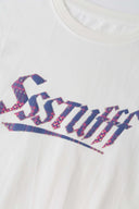 White t-shirt with check patchwork and puff-printed details that mimic stitching