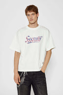 White t-shirt with check patchwork and puff-printed details that mimic stitching