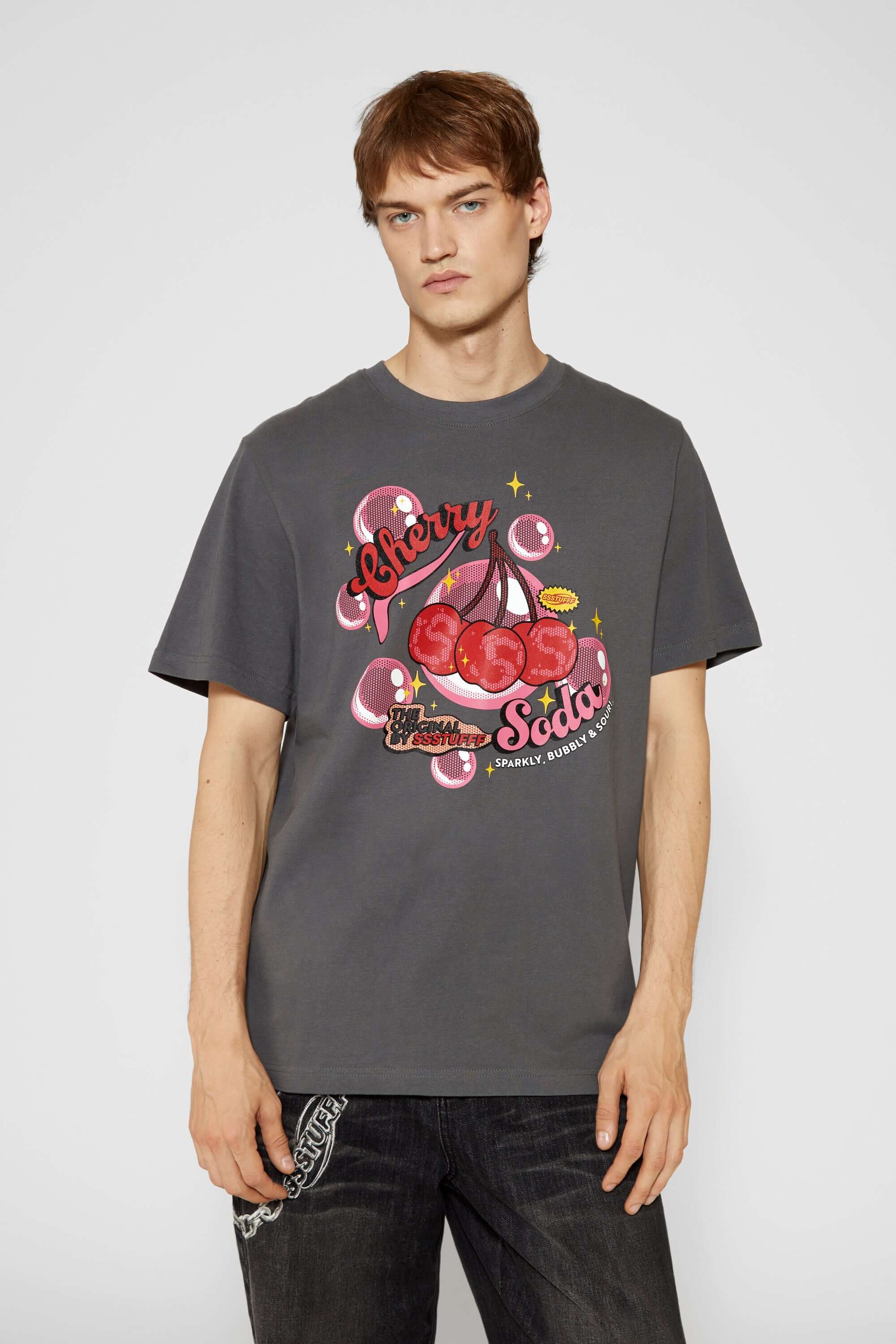 Grey t-shirt with fizzy cherry soda graphic and scratch-and-sniff cherry scent