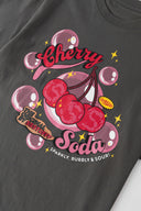 Grey t-shirt with fizzy cherry soda graphic and scratch-and-sniff cherry scent