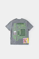Hand-sewn grey t-shirt with Spanish telephone booth design featuring screen print, silicone print, jacquards, and vinyl details