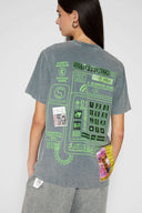 Hand-sewn grey t-shirt with Spanish telephone booth design featuring screen print, silicone print, jacquards, and vinyl details