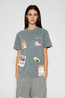 Hand-sewn grey t-shirt with Spanish telephone booth design featuring screen print, silicone print, jacquards, and vinyl details