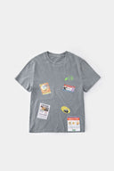 Hand-sewn grey t-shirt with Spanish telephone booth design featuring screen print, silicone print, jacquards, and vinyl details